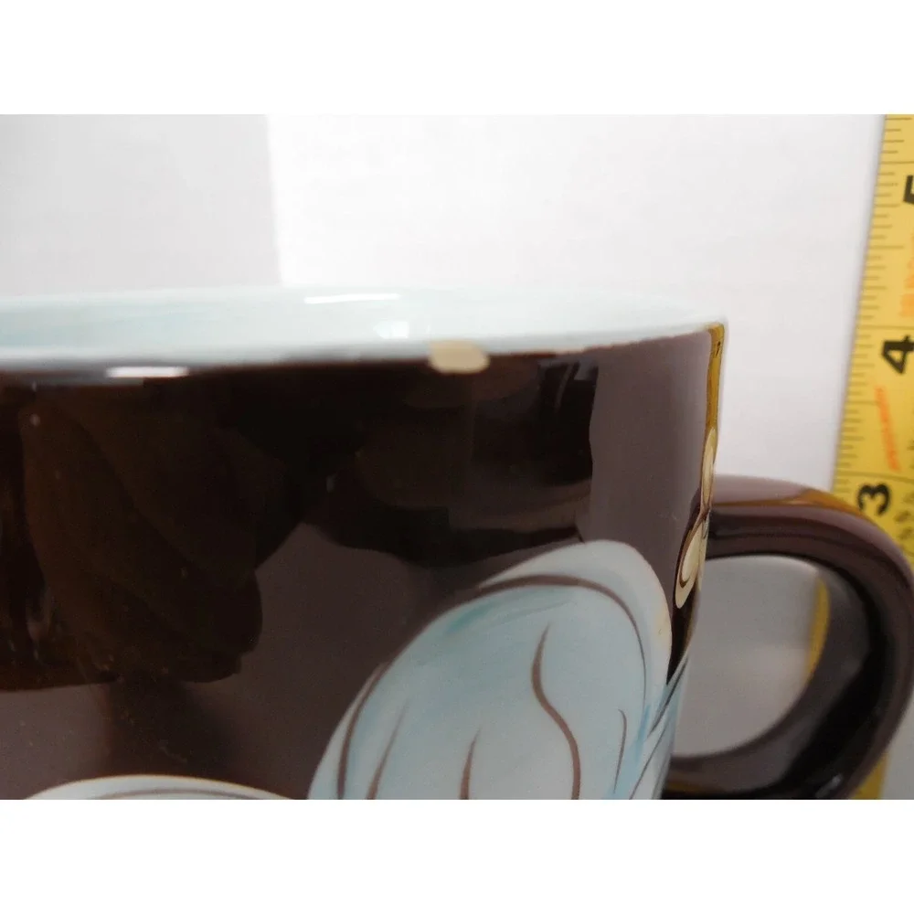 Pier 1 Cassidy Hand Painted Earthenware Mug Brown with Blue Flowers 14 oz